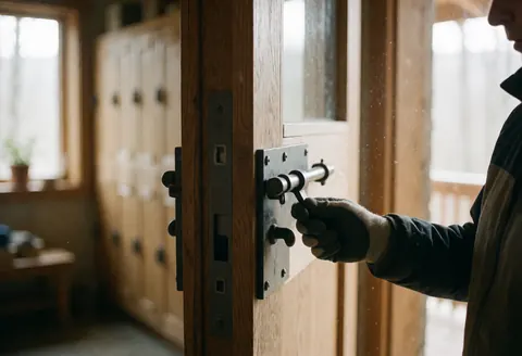 Close-up of a gloved hand turning a metal latch on a thick wooden door inside a mountain hut with lockers in the background.