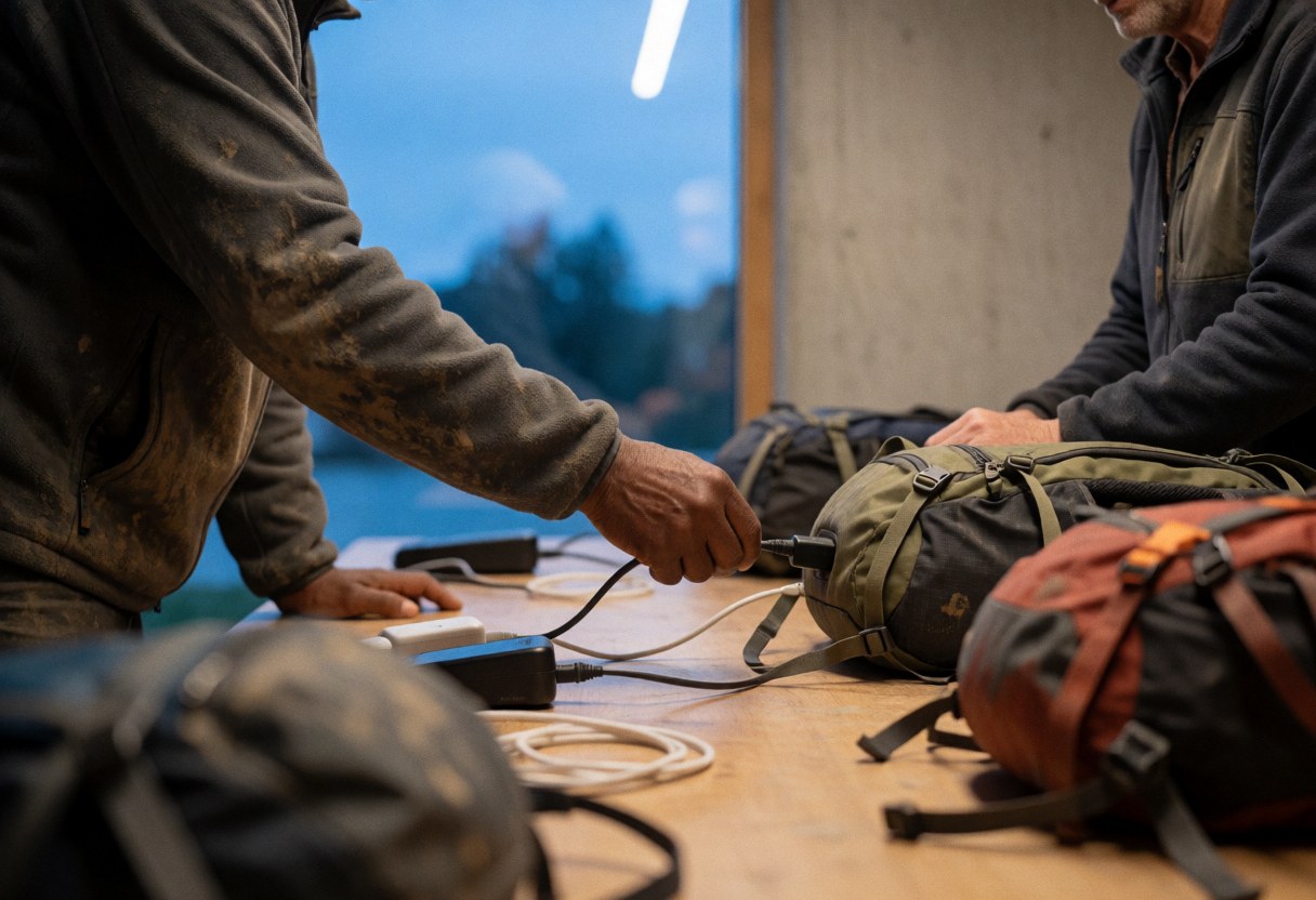 Two travelers connect their electronics to chargers on a table inside a mountain hut, with warm interior light and blue twilight visible outside.