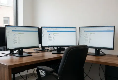 A diagnostic workstation featuring three computer monitors, an ergonomic chair, and natural light, suitable for computer repair services.