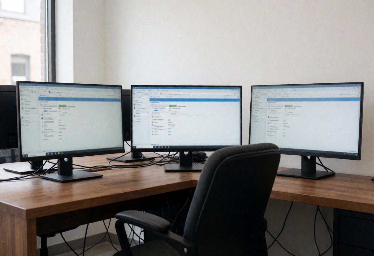 A diagnostic workstation featuring three computer monitors, an ergonomic chair, and natural light, suitable for computer repair services.