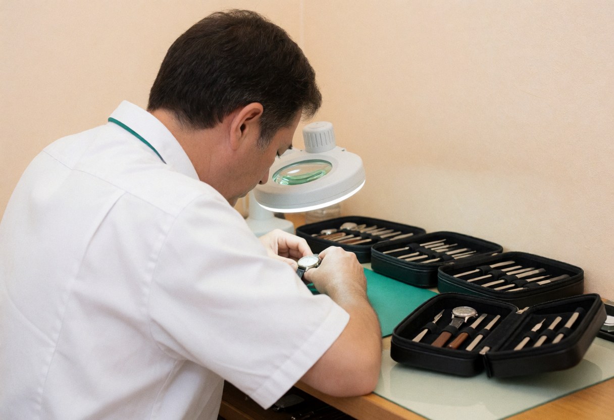 A technician repairs a watch with professional tools under a magnifying lamp, showing detailed and precise work.