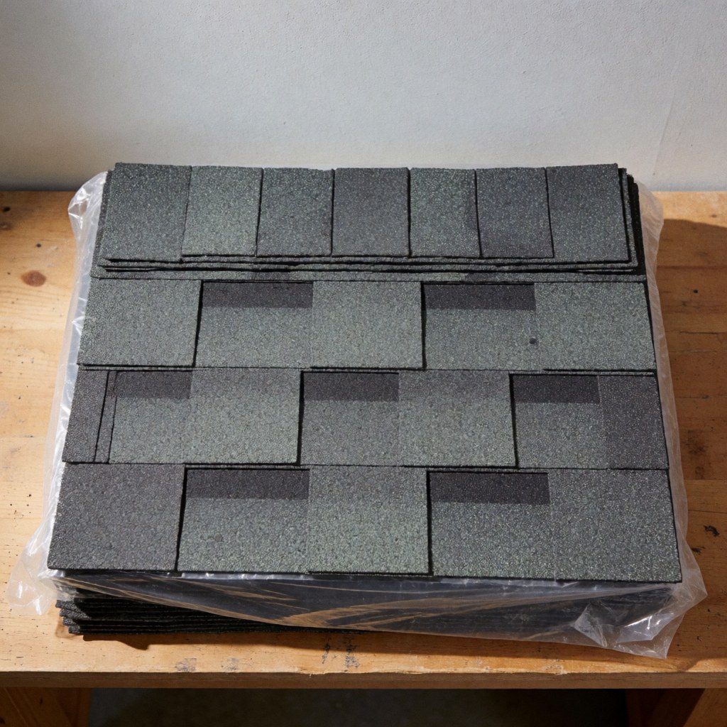 A plastic-wrapped package of textured gray asphalt shingles resting on a wooden bench against a plain wall background