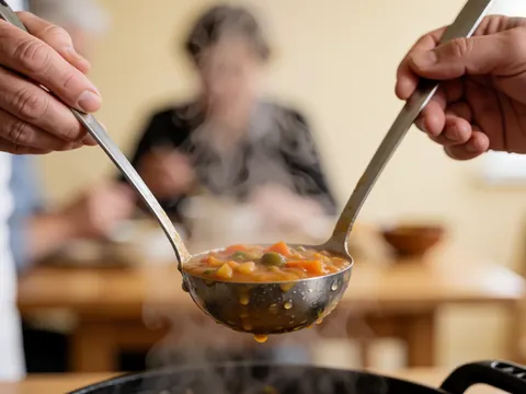 Two hands holding ladles filled with hot soup emitting steam, with a blurred background of people dining at a wooden table