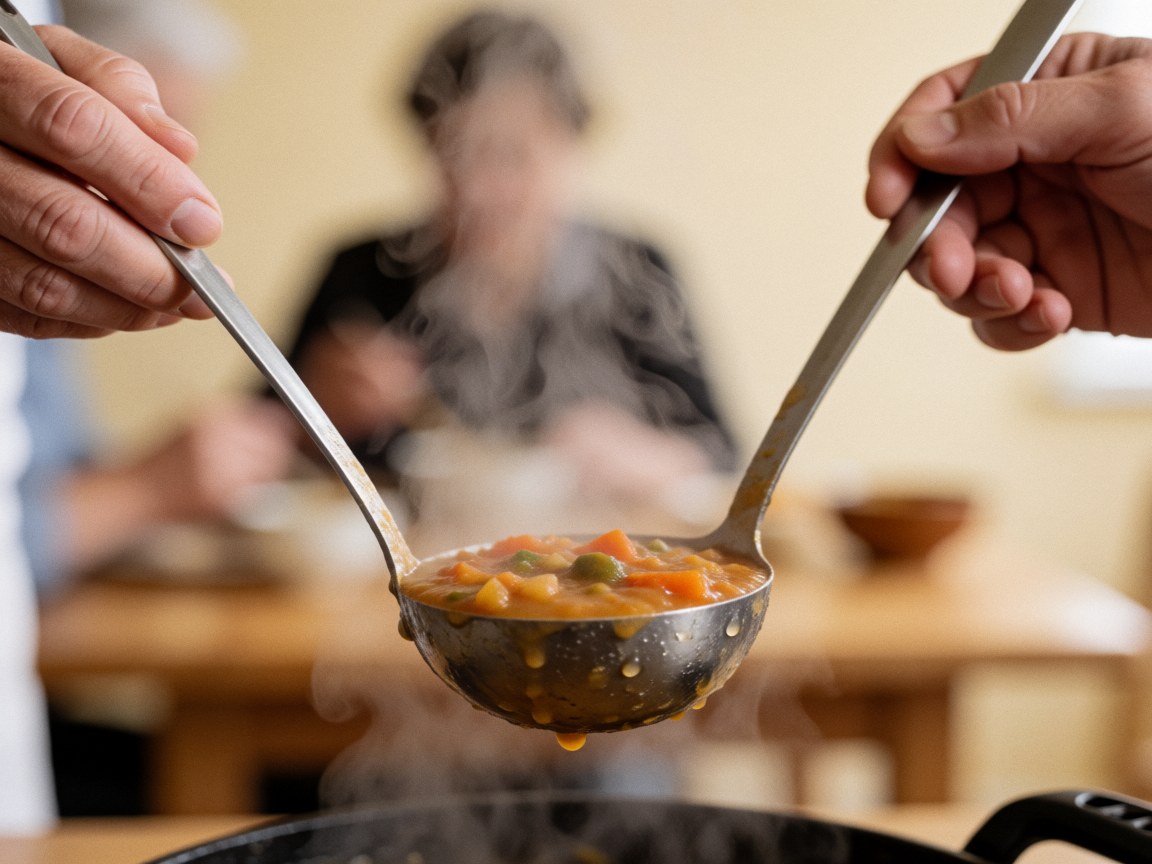 Two hands holding ladles filled with hot soup emitting steam, with a blurred background of people dining at a wooden table