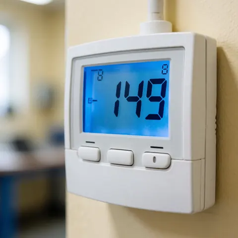 White digital oven thermostat mounted on a beige wall, featuring a bright blue screen showing 149 degrees and control buttons in a blurred workshop setting