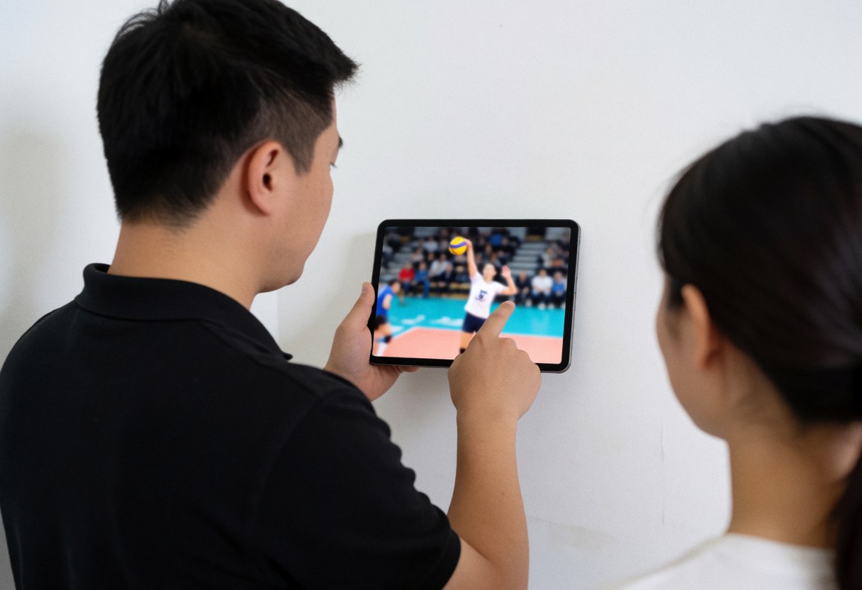 Volleyball coach analyzing attack video on a tablet while another person observes from behind in a room with white walls