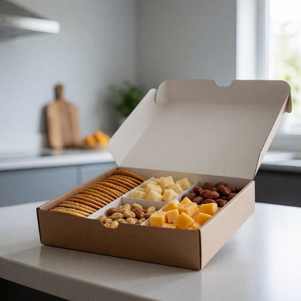 Open snack box containing cookies cheese and nuts placed on a kitchen counter in a modern apartment hotel setting