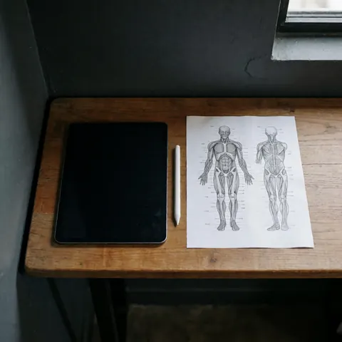 Muscle anatomy chart for volleyball coaches displayed on a tablet with a stylus on a wooden table near gray walls