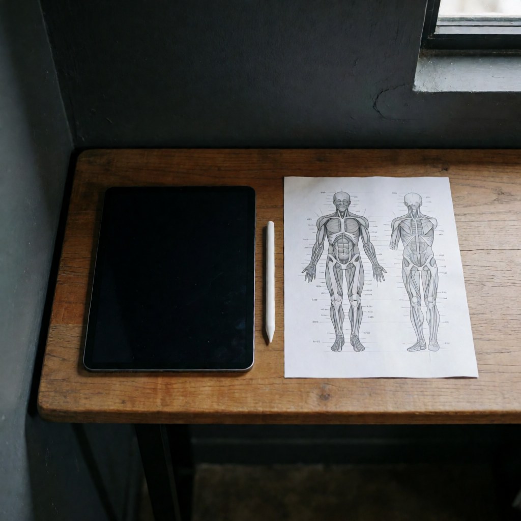 Muscle anatomy chart for volleyball coaches displayed on a tablet with a stylus on a wooden table near gray walls