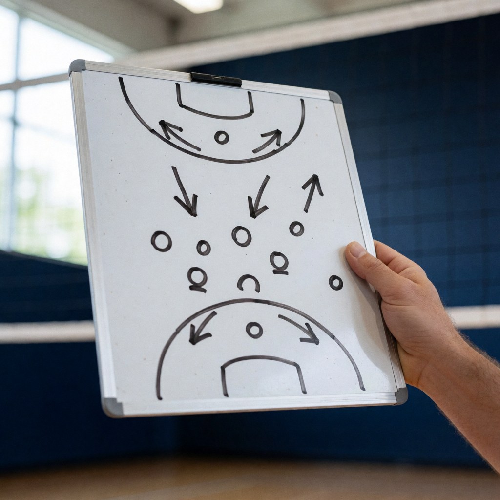 A hand holds a white volleyball tactical board with drawn plays, arrows, and player positions in a gym with blue walls.