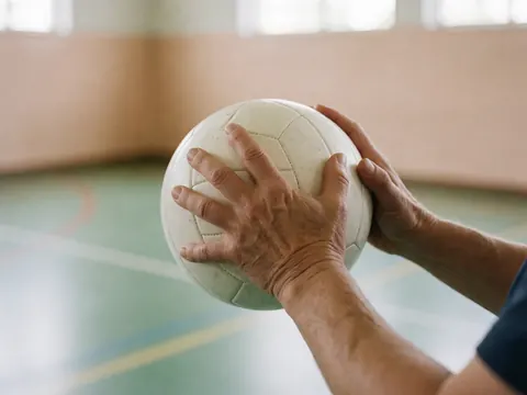 Close-up of adult hands gripping a volleyball in a gym with green flooring and beige walls under soft natural light