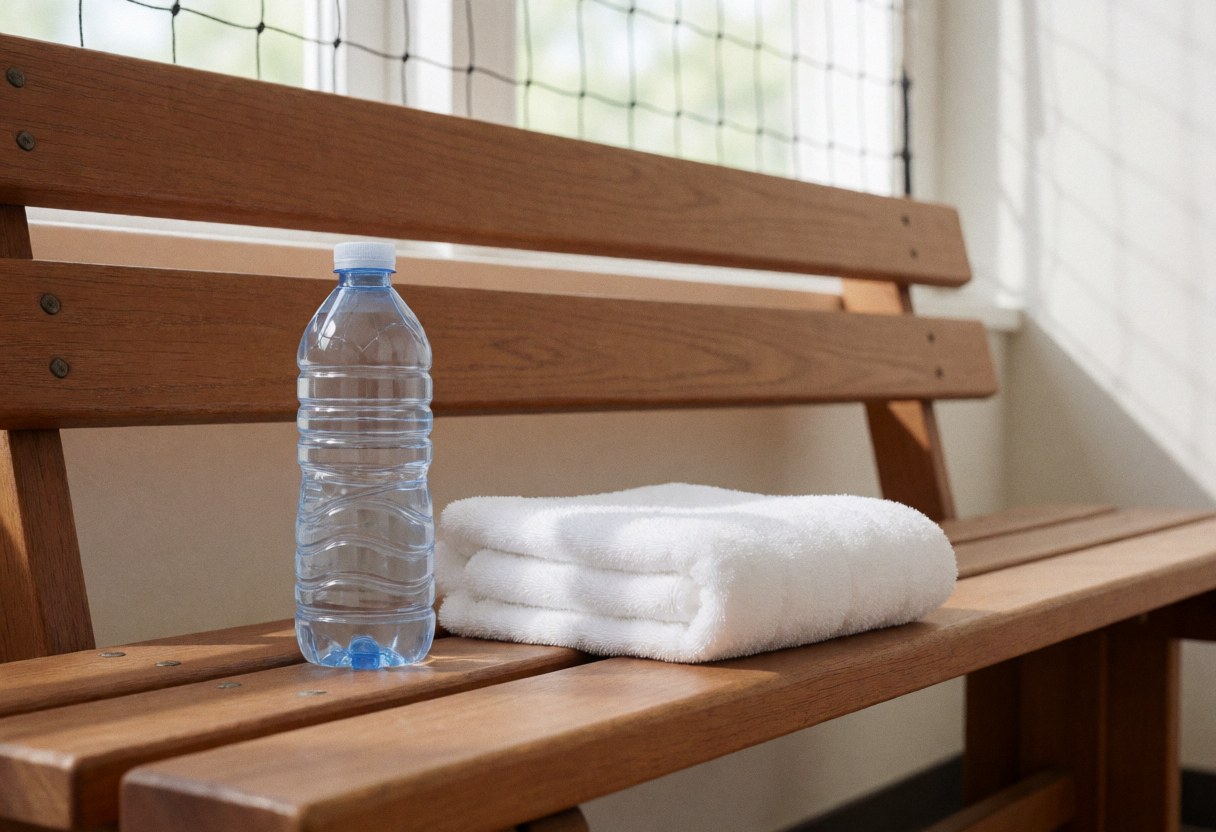 Wooden bench with water bottle and white towel in a gym with volleyball net in background