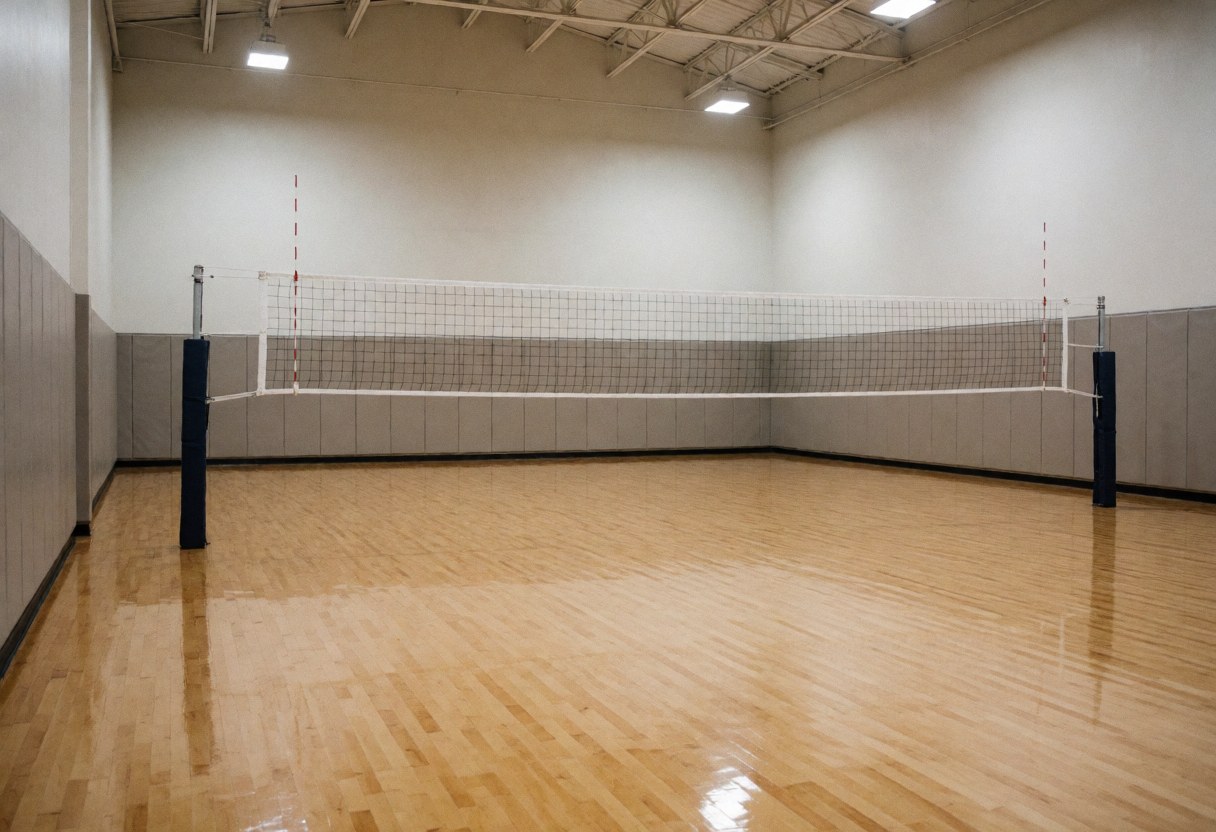 Empty volleyball court with polished wooden floor, white net, black posts, safety wall panels, and ceiling lighting