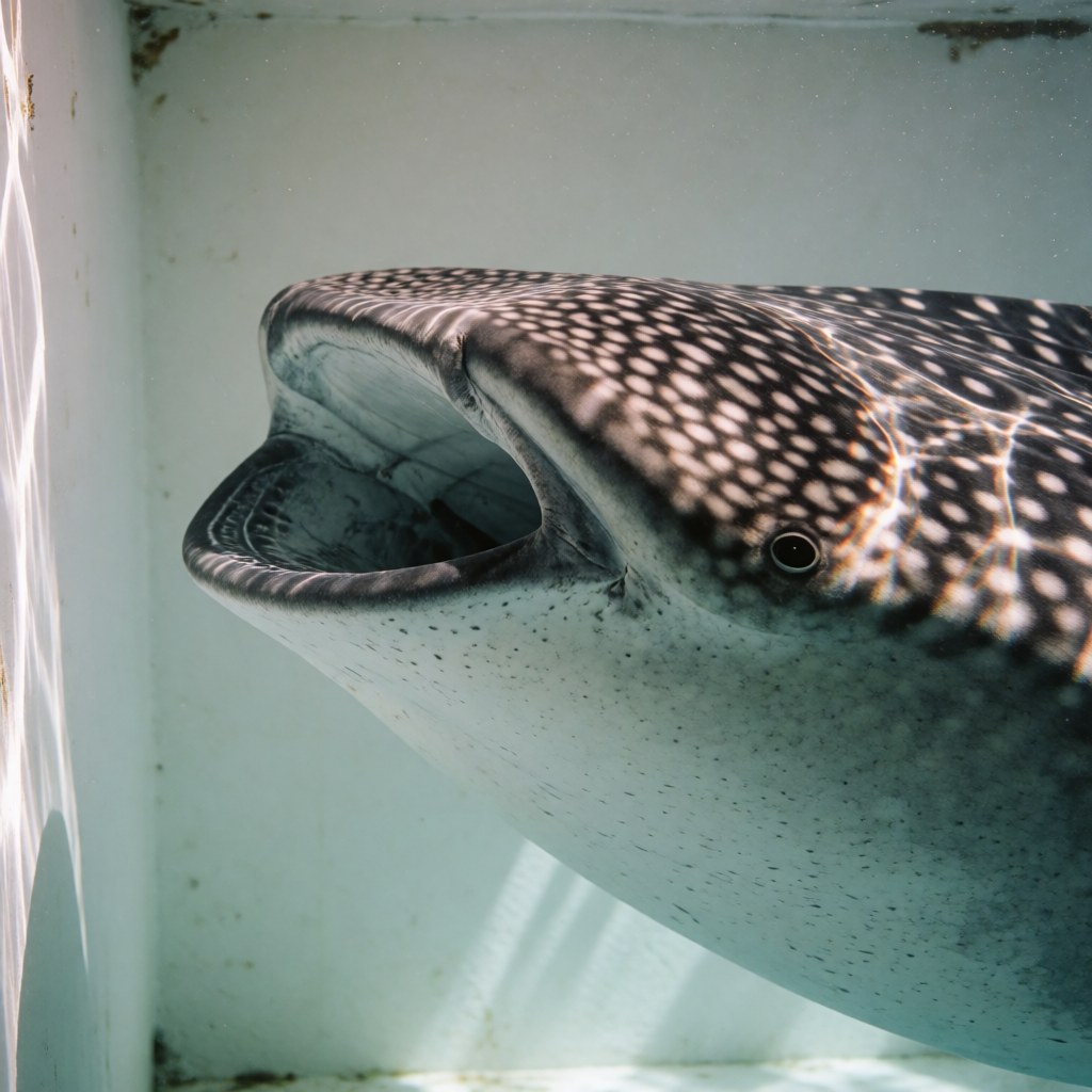 Close-up of a whale shark head with light patterns, showing its open mouth and speckled skin in an aquatic environment