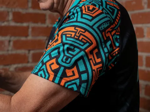 Close-up of an adult's arm wearing a volleyball jersey with a maya pattern against a red brick wall background.