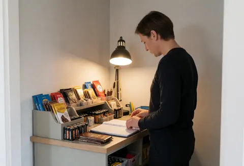 Profile view of a person reading a book on a wooden counter alongside chocolate, batteries, and tools under a lamp in a mountain hut.