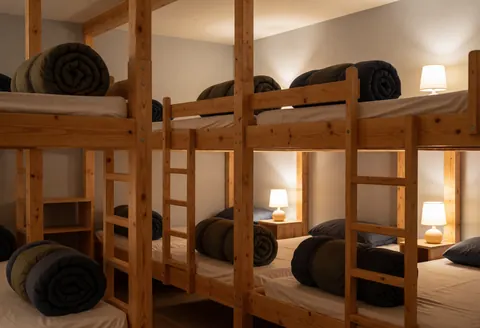 Interior of a mountain hut featuring wooden beds, rolled blankets, and warm lights creating a cozy atmosphere for trekkers.