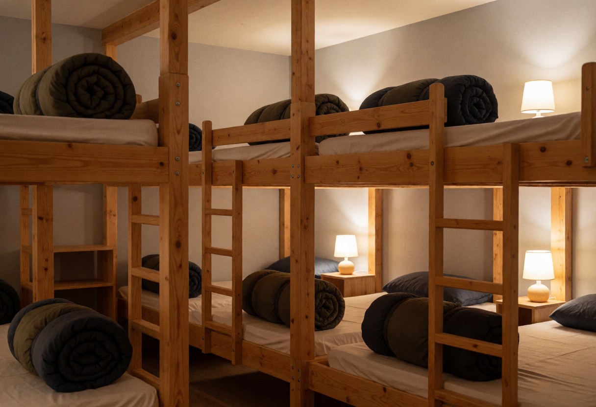 Interior of a mountain hut featuring wooden beds, rolled blankets, and warm lights creating a cozy atmosphere for trekkers.