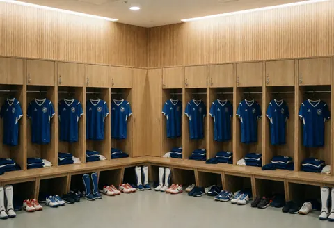Modern locker room featuring hanging blue volleyball uniforms, shoes, and knee pads on the floor with light wood walls and soft lighting