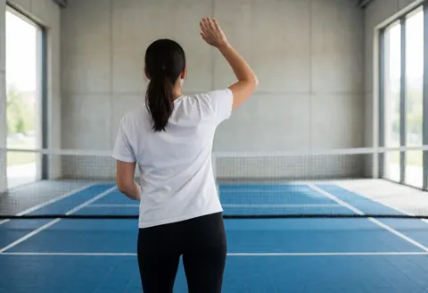 Back view of a volleyball coach preparing to serve on an indoor court with blue flooring and white lines