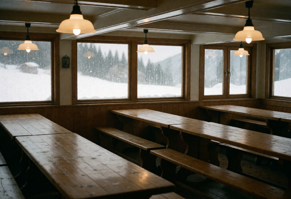 Empty mountain lodge interior featuring rustic wooden tables, benches, hanging lamps, and windows showing falling snow.