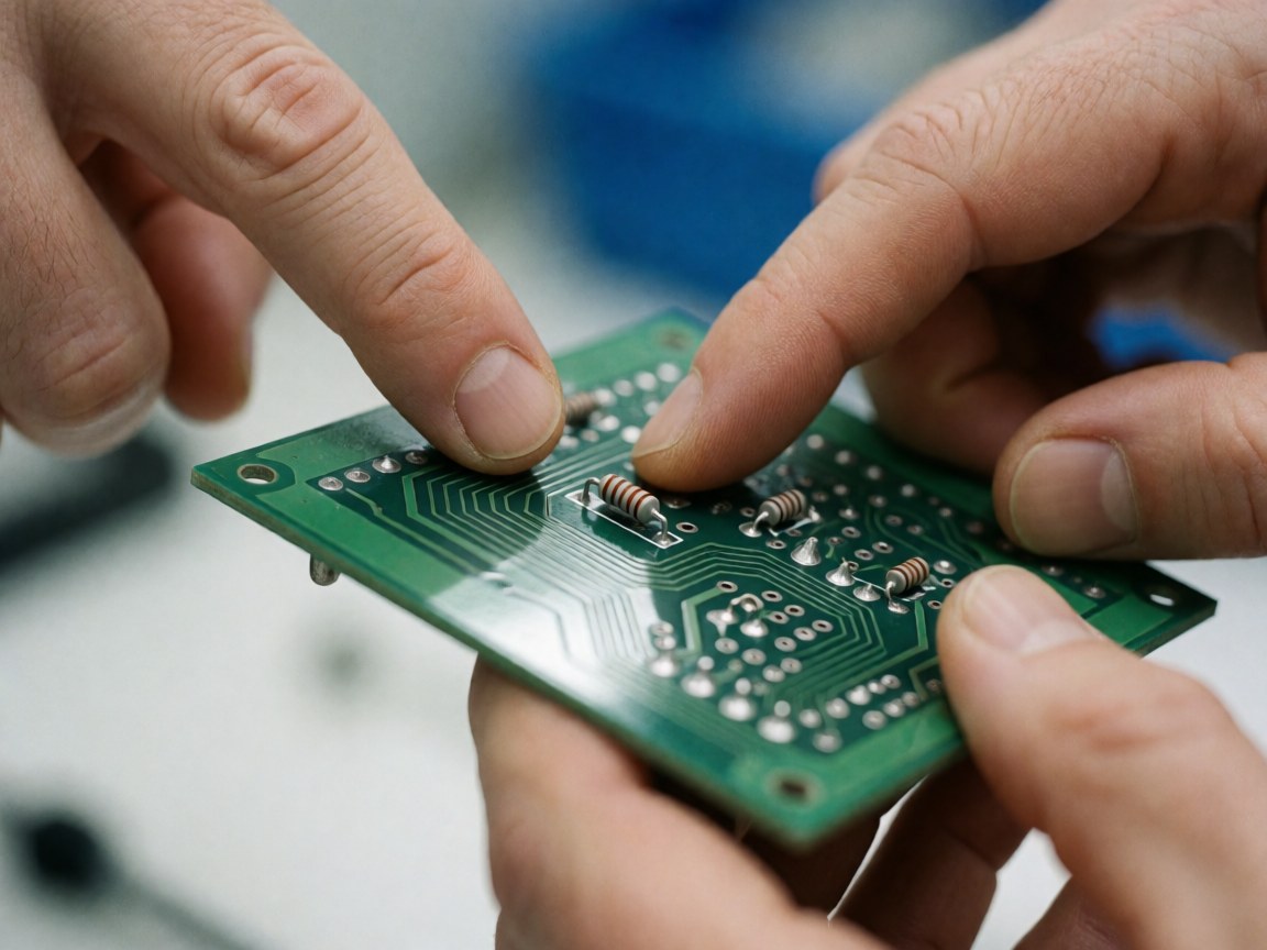 Close-up of hands carefully placing a resistor with colored bands onto a green circuit board with visible metal traces and blurred background.