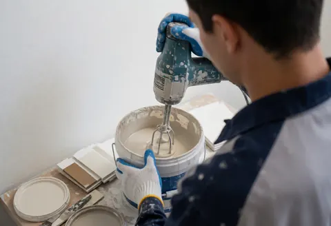Painter using an electric mixer to blend paint in a container, with color samples and a white wall in the background.