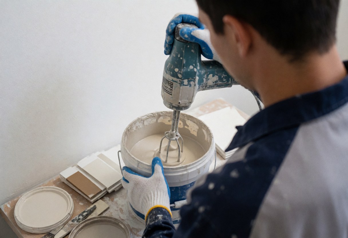 Painter using an electric mixer to blend paint in a container, with color samples and a white wall in the background.