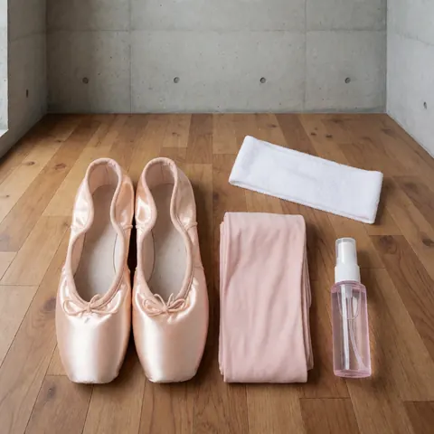 Pink ballet shoes, tights, headband, and spray bottle arranged on a wooden floor for dance class preparation
