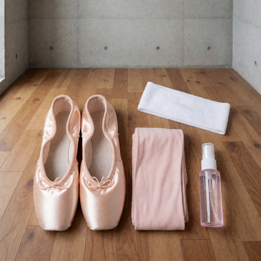 Pink ballet shoes, tights, headband, and spray bottle arranged on a wooden floor for dance class preparation