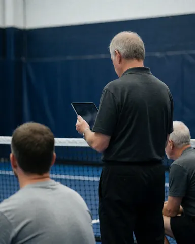 Back view of a volleyball coach holding a tablet on the court with players in the background against a blue backdrop