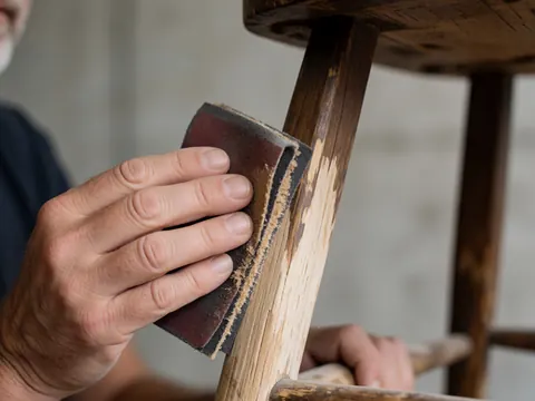 Close-up of a carpenter's hand sanding a wooden chair with sandpaper, showing wood grain and shavings in a workshop with concrete walls.