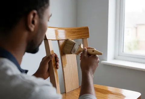 A man uses a brush to apply varnish to a wooden chair in a tidy workshop with natural light from a window.