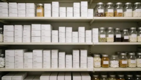 Shelf with white boxes and glass jars, blurred background for text, neutral tones and even light