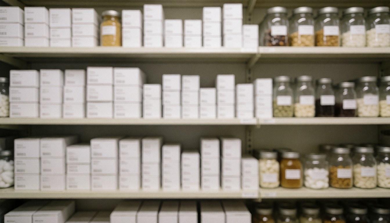 Shelf with white boxes and glass jars, blurred background for text, neutral tones and even light