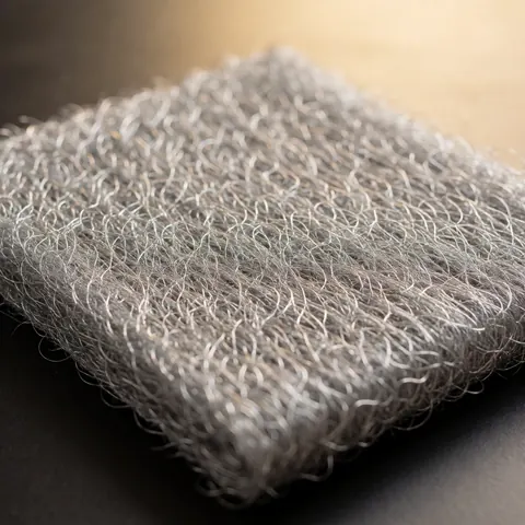 Close-up of metallic wire mesh abrasive cloth used for sanding wood, featuring a shiny metallic texture against a dark background.