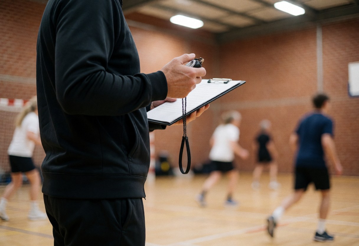 Volleyball coach holding a stopwatch and clipboard while watching players on an indoor court with brick walls and ceiling lights