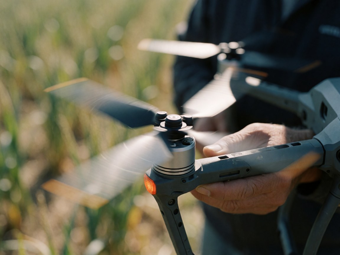 Close-up view of adult hands holding a drone with spinning propellers in an agricultural field, highlighting precision and technology for aerial photography services.