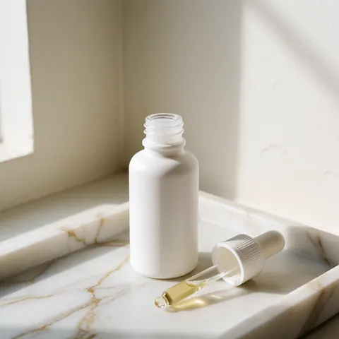 White serum bottle with dropper on marble tray, soft natural light, minimalist and elegant atmosphere