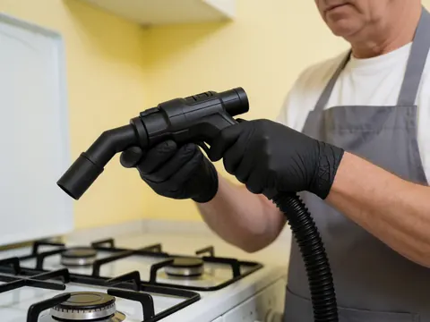 Close-up of a technician wearing gloves and an apral using a vacuum to clean a gas stove against a light yellow wall