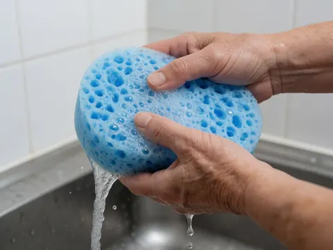 Adult hands squeezing a blue sponge releasing soapy water and bubbles over a stainless steel sink with white tiled walls