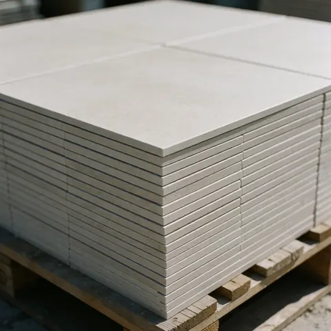 Neatly stacked matte porcelain tiles resting on a wooden pallet with natural lighting, suitable for pool installation products