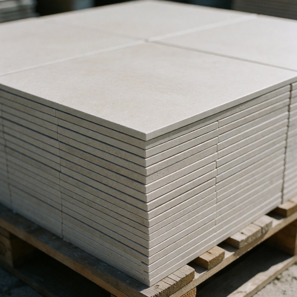 Neatly stacked matte porcelain tiles resting on a wooden pallet with natural lighting, suitable for pool installation products