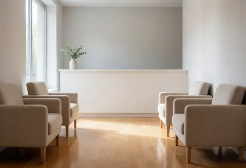 Modern waiting room featuring beige chairs, a white counter, light gray walls, and light wood flooring with natural light.