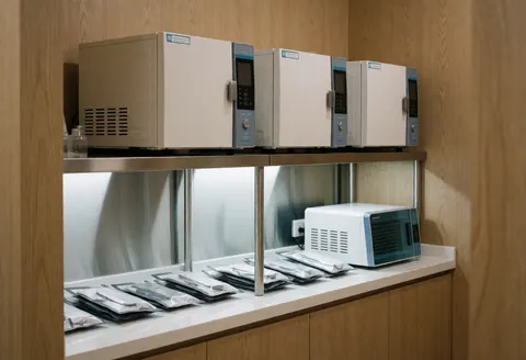 Three autoclaves and instruments in bags on a white table with light wood walls and bright lighting in a clinic setting