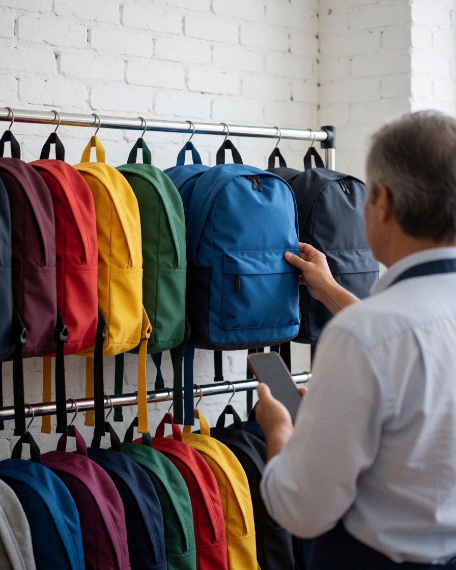 Adult customer examines colorful backpacks hanging in a shop, touching a blue bag while holding a phone to compare prices.