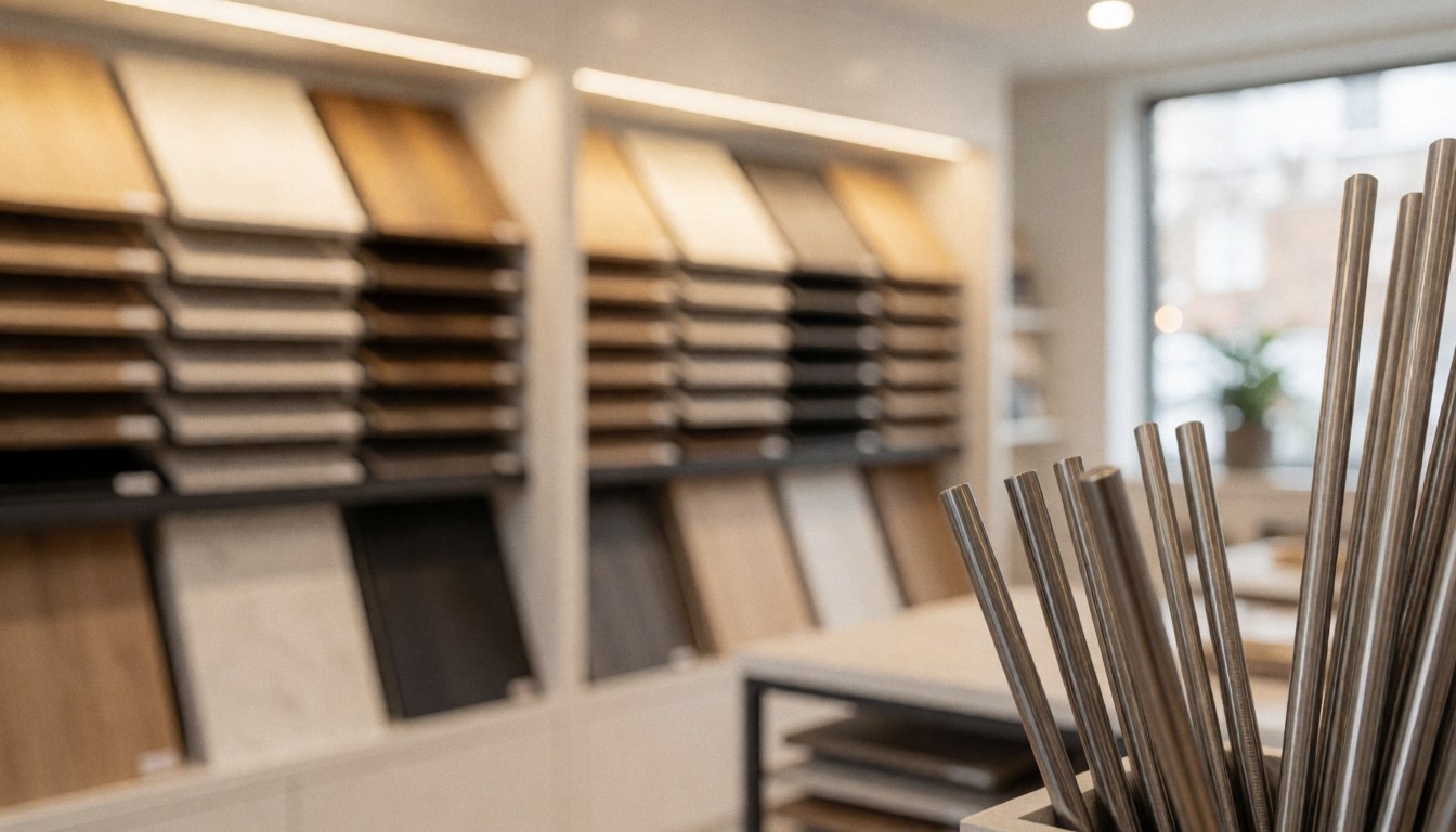 Close-up of metal profiles with blurred wood samples in the background, featuring warm neutral lighting suitable for text overlays.