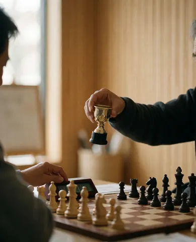 A hand lifts a small golden trophy over a chessboard while another hand adjusts the clock, symbolizing victory in a warm, wood-paneled room.