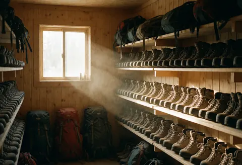 Mountain boots and backpacks stored on wooden shelves inside a rustic cabin with natural window light and dust in the air