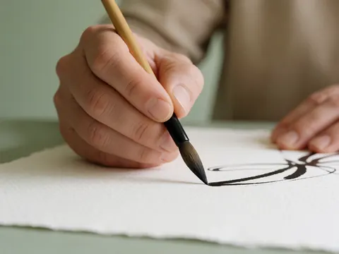 Close-up of a hand using a fine brush to apply black ink lines on textured watercolor paper against a soft green background